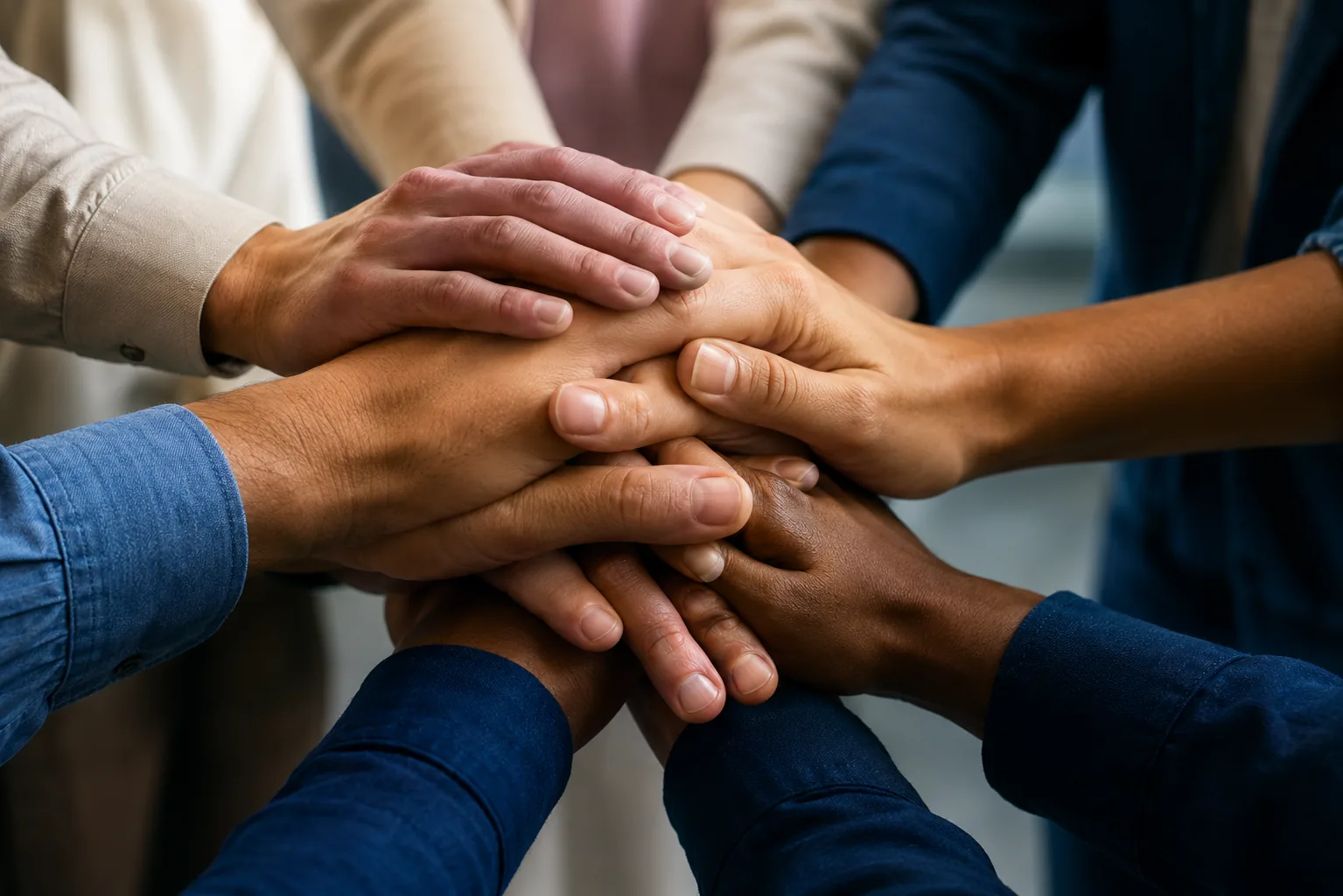 Mãos de equipe diversa unidas representando o compromisso social do Grupo ADL